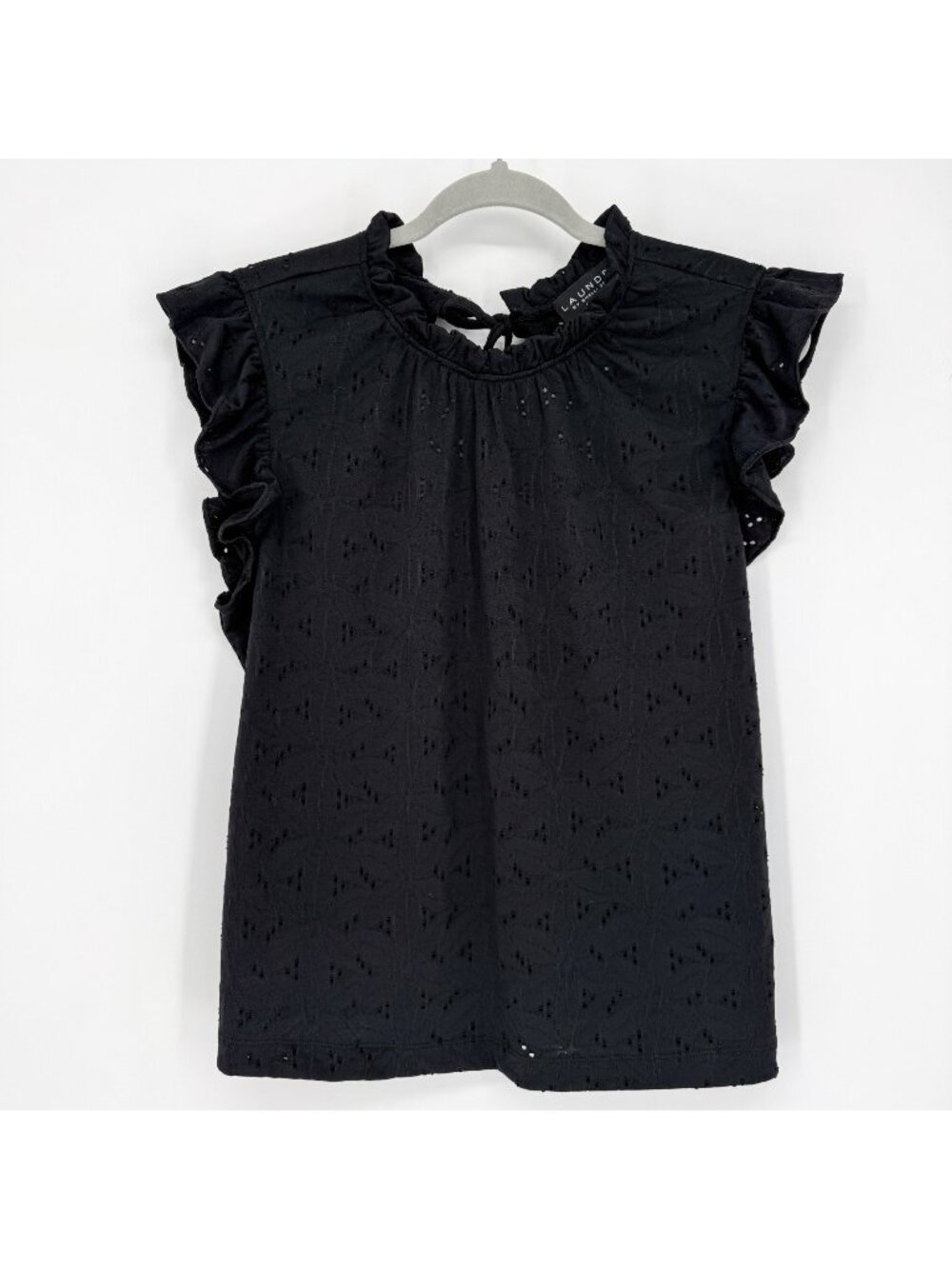 Laundry by Shelli Segal Black Eyelet Ruffle Sleeve Blouse Tie Neck Keyhole WMN-M